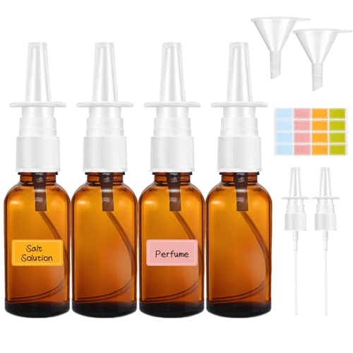 Nasenspray Flasche Leer, 4 Stück Glas Nasensprayflasche, 30ml Nasen Sprühflaschen, Wiederverwendbar Nachfüllbare Zerstäuber mit Düsen, Trichter, Etiketten für Parfüm,ätherische Öle,Kochsalzlösung