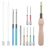 Piriuuo 12 Stück Punch Needle Set, 1 Holzgriff Punch Needle + 2 Metallgriff Punch Needle + 1 Metallgriff + 6 Ersatznadel Spitze (6 Größen) + 2 Nadeleinfädler Stickerei Punch Nadel Werkzeug Set
