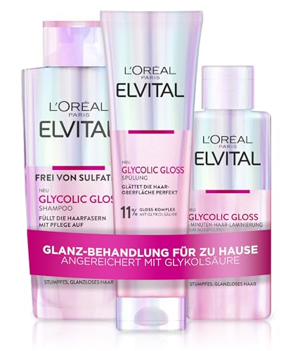 L'Oréal Paris Elvital Glycolic Gloss Bundle mit Shampoo, Spülung, 5 Minuten Haar-Laminierung für glanzloses Haar, Pflegeroutine für gesunde Haare und starken Glanz, Set mit Glykolsäure, 3-teilig