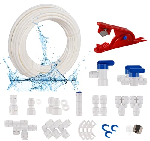 ilauke 15m Wasserzulaufleitung Universal Anschluss-Set, 22 Stück RO Water Filter Fitting für 1/4 Zoll Schlauch, Kühlschrankschlauch, Wasserschlauch Rohrschneider (Y + T + I + L Typ + Absperrventil)