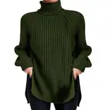 WKAYsIV pulloverkleid Damen Witzige Pullover Damen einfarbigem Strickpullover, geteiltem Saum Glockenärmeln Winter Damen Kleidung(Grün,XL)