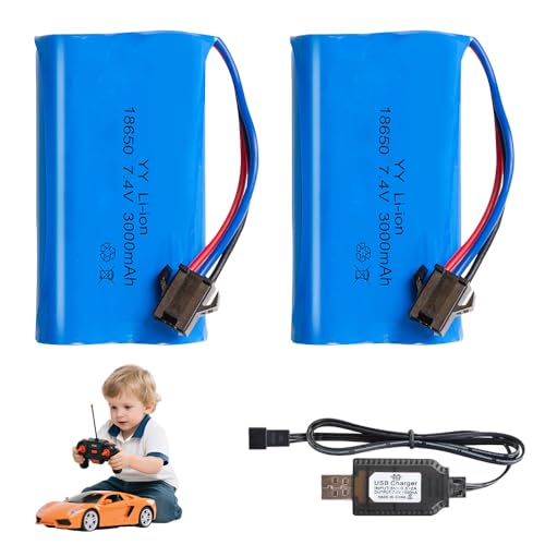 XPJBKC 7.4 V Li-ion Battery, 2 Pcs 3000mAh Rechargeable Lithium Lonen Batterien, Li-ion Akku with Deans T Plug, 1 Chargers, Rechargeable Battery für RC Fahrzeuge, Panzer, Auto, Stunt Car, Roboter