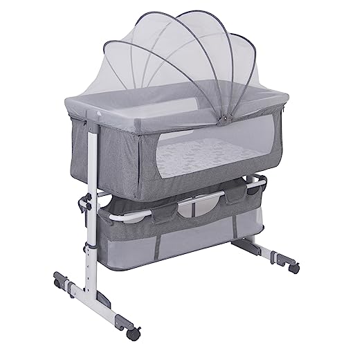 Homewell Beistellbett Baby, 2 in 1 Babybett und Babywiege, Kinderbett mit Rollen, Moskitonetz, Lagerungstasche und Matratze, Höhenverstellbar Struktur aus Aluminiumlegierung (Modell 1 Grau)