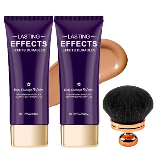 2 Stück Body Coverage Perfector, All-Over Teint Perfektionierer mit Extra großer Körper Make-up-Pinsel, Langanhaltend Körper Make Up, Tattoo Abdeckung Creme für Alle Hauttypen (Tiefer Hautton)