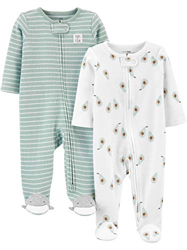 Simple Joys by Carter's Unisex Baby 2-Way Zip Thermal Footed Sleep and Play, Pack of 2 Kleinkindschläfer, Minzgrün Streifen/Weiß Avocados, 0-3 Monate (2er Pack)