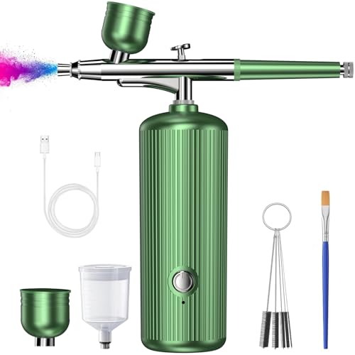 Airbrush Set mit Kompressor, 48PSI Kabellose Spritzpistole mit 0,3mm Düse und Reinigungsbürsten-Set für Graffiti, Tattoos, Nägel, Make-up, Kuchendekoration (Grün)