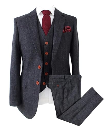 Wemaliyzd Vintage-Herrenanzug, 3-teilig, kariert, Tweed, Fischgrätenmuster, Anzüge für Hochzeit, Business, Blazer, Weste, Hose, grau dunkel, 54 Kurz