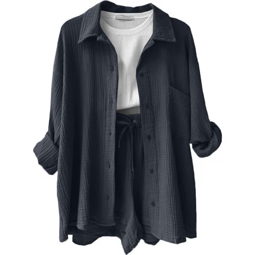 Generisch Angebote Des Tages Heute Summer Zweiteiler Damen Musselin Bluse Set Outfit Leinen Hemd Und Shorts Y2K Outfit Set (S, Dark Gray)