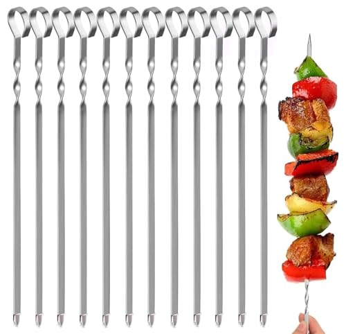 12 Stück Grillspieße, 39CM Grill Kabob Spieße Edelstahl Lange Spieße Schaschlikspieße Fleischspieße, für Lagerfeuer Oder Grillschale