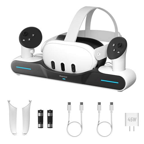 Maecker Schnellladestation für Quest 3 Zubehör Ladegerät für Quest 3 Ladestation Drop-in-Ladegerät Headset Controller Ständer mit 2 wiederaufladbaren Batterien