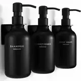 MaisoNovo Shampoo Flaschen zum befüllen - Duschseifen seifenspender wandbefestigung - seifenspender Wand - seifenspender wandmontage - 500 ml Set mit 3 schwarzen Kunststoffflaschen, Schwarze Pumpe