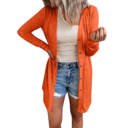 Beokeuioe Strickjacke Damen Sommer Leichte Strickjacke Lang mit Taschen und Knöpfen Long Elegant Cardigan V-Ausschnitt Knopfleiste Schulterjacke Top Sommer Dünne Mantel Strickmantel