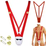 Anzhee Herren String Weihnachten Unterwäsche Weihnachtsmann Mankini Borat Tanga Lustiger Schwimmen G-Strings Thongs für Herren Badeanzug Unterhose Einheitsgröße Rot mit 2pcs Kleine Glocke