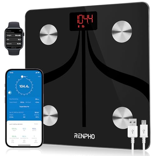 RENPHO Personenwaage Digital Waage mit körperfett und muskelmasse, USB Wiederaufladbare, Bluetooth Körperfettwaage mit Hochpräzisions-Sensoren, 180kg, 280x280 mm