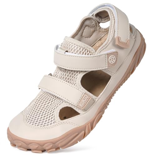 Hsyooes Barfußschuhe Herren Aquaschuhe Damen Sportsandalen Verstellbare Wandersandalen Weit Strandschuhe Schnell Trocknend Surfschuhe Outdoor Beige EU40=Hersteller 41