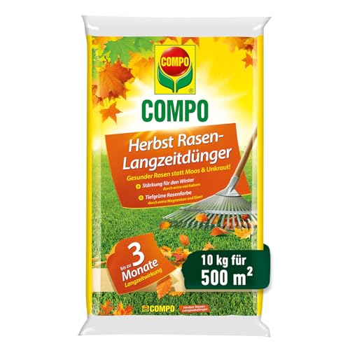 COMPO Herbst Rasendünger - Rasendünger für den Herbst - Kaliumdünger für den Rasen - 10 kg für 500 m² - COMPO Herbst-Rasen Langzeit-Dünger