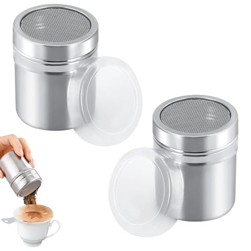 2 Stück Puderzuckerstreuer,Edelstahl Streuer,Staubzuckerstreuer, Puderzuckerstreuer Mit Frischhaltedeckel,Kakaostreuer Cappuccino,Schokostreuer,Mehlstreuer Für Kakao,Kaffee,Schokolade,Zucker,Salz,Mehl