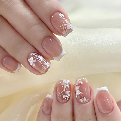 24 Stück Press on Nails Kurz, Nude Eckig Nägel zum Aufkleben Weiß Blumen Full Cover Falsche Nägel, Französische Acryl Künstliche Fingernägel für Frauen Mädchen DIY Maniküre Dekoration