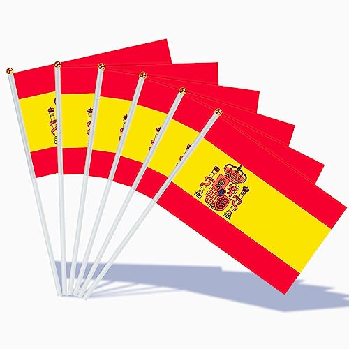 AhfuLife Klein Spanien Flagge, 15 Stück Spanische Mini Handgehaltene Flaggen mit 30cm weißem Pole für 2024 Fans Euro Fußball Eurovision Party Zuhause Garten Bar Deko
