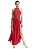 iiniim Damen Lyrisch Tanzkleid Glitzer Eiskunstlauf Kleid Ärmellos Ballettkleid mit Chiffon Rock Modern Dance Contemporary Wettbewerb Tanzkleidung Rot S