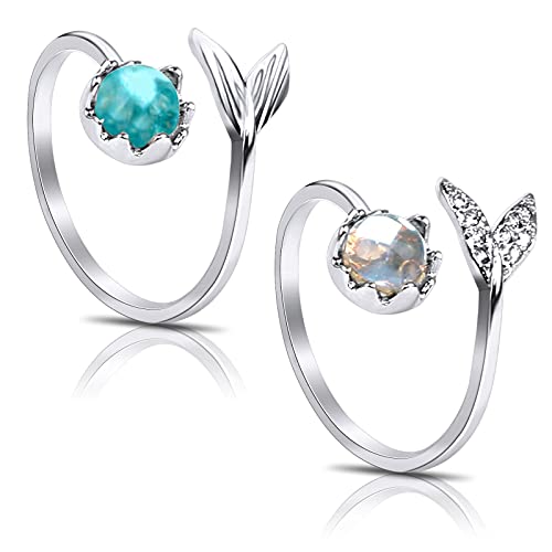 2Pcs Meerjungfrau Ring Verstellbar Meerjungfrau Schmuck Meerjungfrau Ring Mako Damen Offener Ring Meerjungfrau Schmuck für tägliche Tragen,Party,Geburtstagsgeschenk