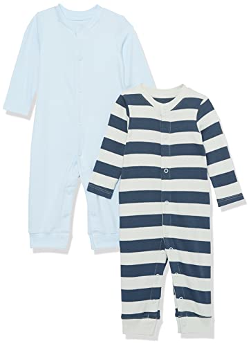 Amazon Essentials Unisex Baby Fußloser Overall aus Bio-Baumwolle (zuvor Amazon Aware), 2er-Pack, Blau Streifen, Frühchen