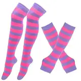 Gestreifte Kniestrümpfe Overknee Strümpfe mit Armstulpen Damen Lange Streifen Arm Wärmer Bein Strumpf Hohe Socken Fingerlose Handschuhe Hülsen-Set High knee Socks für Frauen Mädchen Party Kostüm