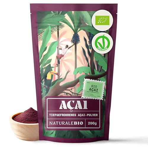 NaturaleBio Acai Pulver – 200 g gefriergetrocknetes Acai-Beeren Pulver (Freeze-Dried) aus Brasilien - Getrocknete Rohkost aus der Acai-Frucht, Extrakt aus Pulp der Acai-Beeren.