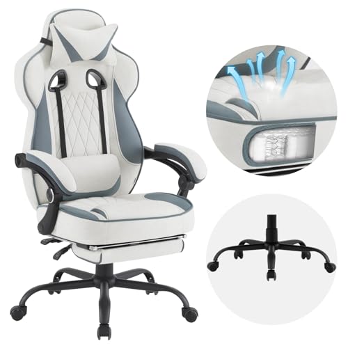 WOLTU Gaming Stuhl mit Taschenfederkissen, Gamer Sessel ergonomisch, breiter Sitz Fußstütze, Bürostuhl Gamingstuhl 150 kg belastbar, Computerstuhl drehbar, Leathaire-Stoff, Blau + Weiß, GS03bws