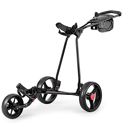 GYMAX Golftrolley faltbar, Golfwagen 3 Rad mit Anzeigetafel & Regenschirmhalter, Golf Push Cart mit verstellbarem Griff, aus Eisen, Schwarz