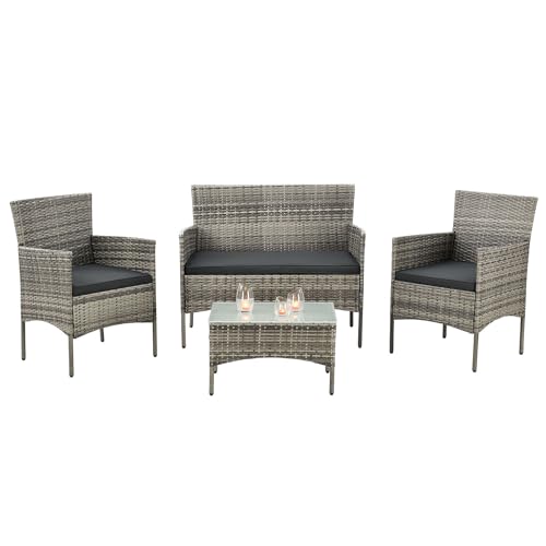 Juskys Polyrattan Sitzgruppe Fort Myers 4 Personen mit 2er Sofa, 2 Stühle, Tisch & Sitzkissen wetterfest grau-meliert Balkonmöbel Gartenmöbel Set