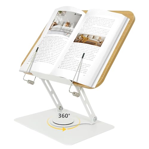 Silvotek Buchständer Holz - 360° Drehung Höhenverstellbarer Buchhalter Leseständer mit Massivem Aluminiumlegierungsbasis und Arm, Book Stand für Hardcover, Rezepte und iPad Laptop