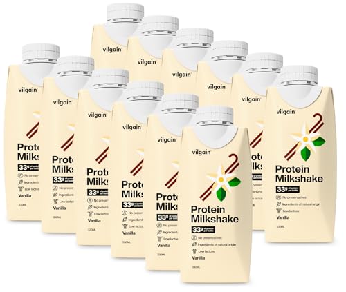 Vilgain Protein Milkshake, 33g Eiweiß pro Portion, Laktosearm, Fertiger Milchproteinshake, Hochwertige Zutaten, Ohne Künstliche Zusätze, Mit Stevia Gesüßt (12x 330ml, Vanille)