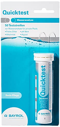 BAYROL Quicktest - 50 Pool Teststreifen - Wassertester für Pool- Messung pH Wert - freies Chlor - Alkalinitaet & Algizid im Schwimmbad - Chlor Teststreifen Pool - Pool Tester