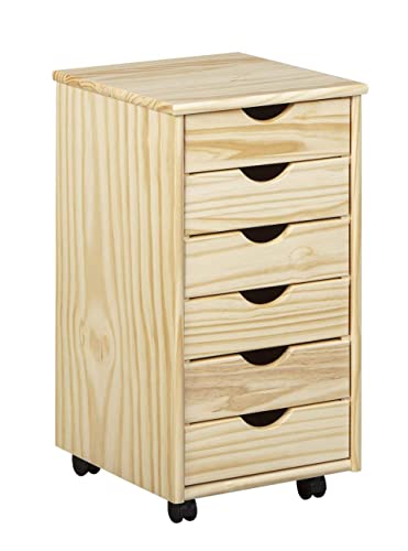 Inter Link – Rollcontainer – Rollcontainer mit 6 Schubladen – Bürocontainer - Rollschrank – Rollwagen – Schubladenkommode - Massiv Kieferholz – Natur Lackiert – BxTxH: 35x39x66 cm – Nils