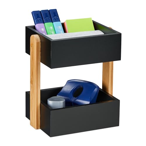 Relaxdays Schreibtisch Organizer, 2 offene Fächer, Bambus & MDF, Aufbewahrungsbox Büro, HBT 25x22x16,5 cm, schwarz/Natur