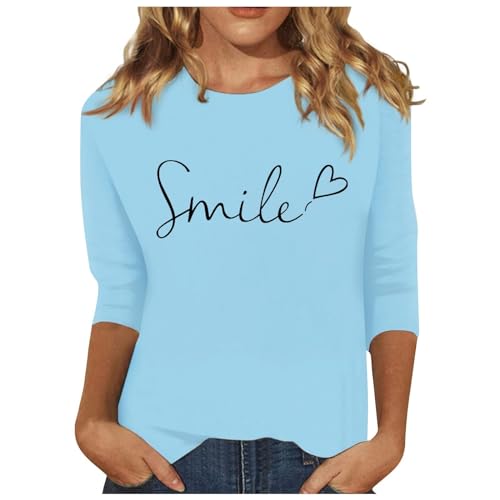 Bluse Damen Elegant Damen T-Shirt 3/4 Arm Sommer Casual Oberteile Tops Baumwolle Leicht Einfarbig Tunika Shirt Lose Rundhals Sommershirts Mode Damenblusen Langarm Bluse Tshirt