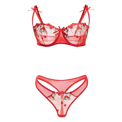 Verführerische Unterwäsche Set mit Französischem Design Stickereien Schleifen für unvergessliche Nächte (Red, S)