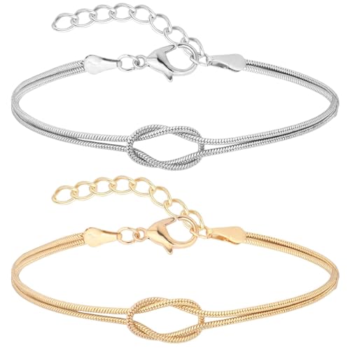 Irikdescia 2 Stück Love Knot Snake Chain Infinity Armband 14K, Einstellbare Gold Und Silber Bracelet Alloy, Für Paaren Freundschaft Beziehung Passend Armreifen