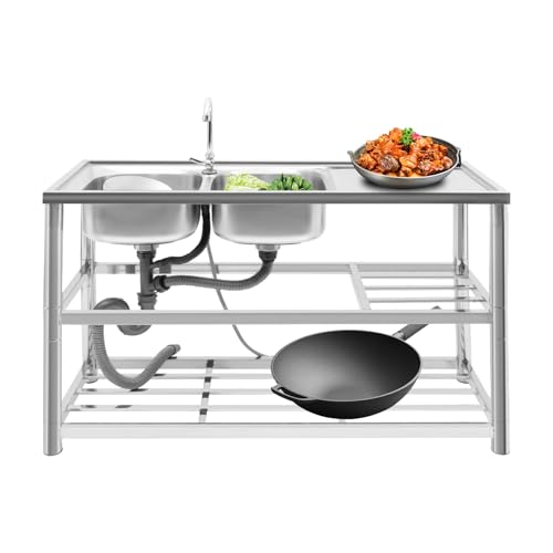 Edelstahl Spüle Küche 2 Becken 3 Ebenen • Freistehende Edelstahl-Spültisch mit Wasserhahn • Gastro Spülbecken für Küche, Restaurant, Camping • 120x45x80 cm • Inkl. Zubehör & Abtropffläche