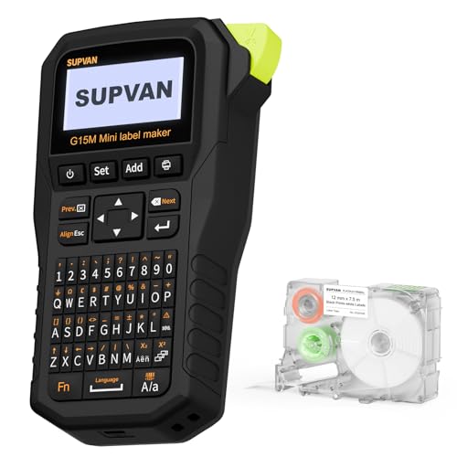SUPVAN G15M Mini Industrielle Etikettendrucker mit Etiketten, Wiederaufladbares Etikettiergerät mit QWERTZ Für 6-15 mm Thermoetiketten & Schrumpfschläuche, Beschriftungsgerät für Fabrik, Außenbereich