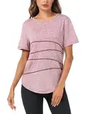 Terecey Sportshirt Damen Fitness T-Shirt Yoga Shirt Damen Funktionsshirt Atmungsaktives Sport Tshirt Mädchen Trainingsshirt Laufshirt für Wandern Lässig Gym Rosa M