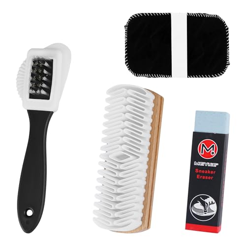 Friedwohl 4 Stück Wildlederbürste für Schuhe Set, Vielseitig Einsetzbare Raulederbürste, Robuste Kreppbürste, mit Radiergummi und Schuhputzhandschuhe, für Rauleder, Nubuk, Wildleder und Veloursleder