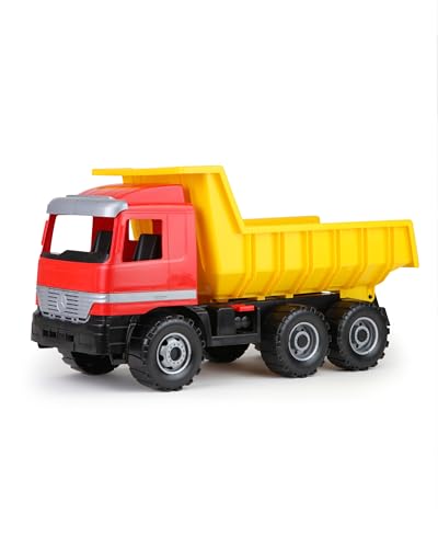 Lena 02031 - Starke Riesen Muldenkipper Mercedes Benz Actros, Kipplaster ca. 63 cm, großer Kipper mit 3 Achsen und verriegelbarer Kippmulde, robustes Baustellen Spielfahrzeug für Kinder ab 3 Jahre, Rot, Gelb, Schwarz