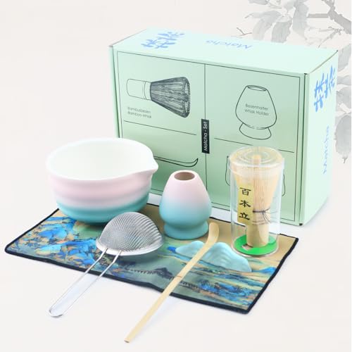 Matcha Set, Japanisches Tee-Set (7-teilig), Matcha-Schneebesen-Set,Keramik Matcha Kit Enthält Matcha-Schale,Matcha-Schneebesen,Schneebesenhalter,Matcha-Löffel,Edelstahl-Sieb,Geschirrtuch,Löffelhalter