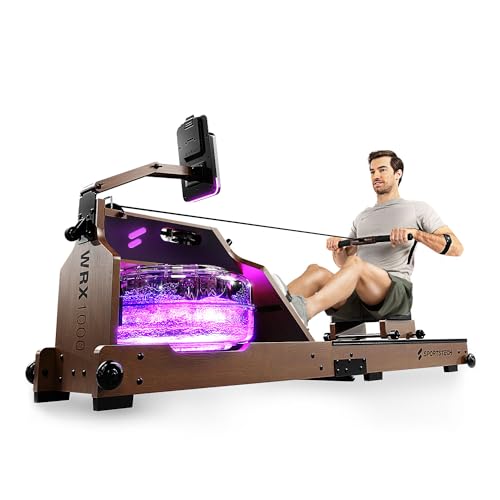 Sportstech Premium Wasser-Rudergerät mit LED-Wassertank, klappbar, App mit Workout Kursen+ Tablethalterung, Natur-Massivholz Rudermaschine Rower für zuhause WRX1000