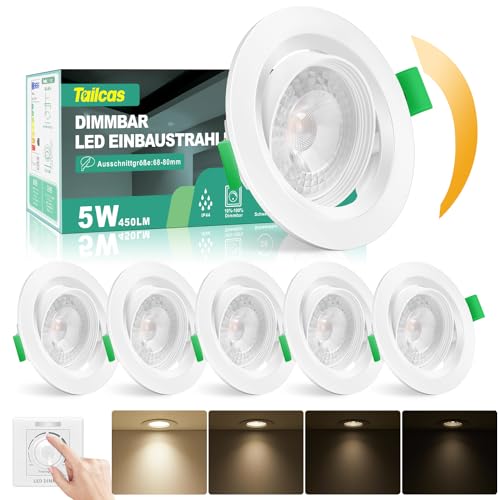 LED Einbaustrahler 230V Flach Dimmbar, LED Spots 5W 450LM Deckenspots IP44 LED Einbauleuchten Lochmass 68-80mm, Neutralweiß 4000K Schwenkbar Deckenstrahler für Badezimmer Küche Wohnzimmer, 6er Set