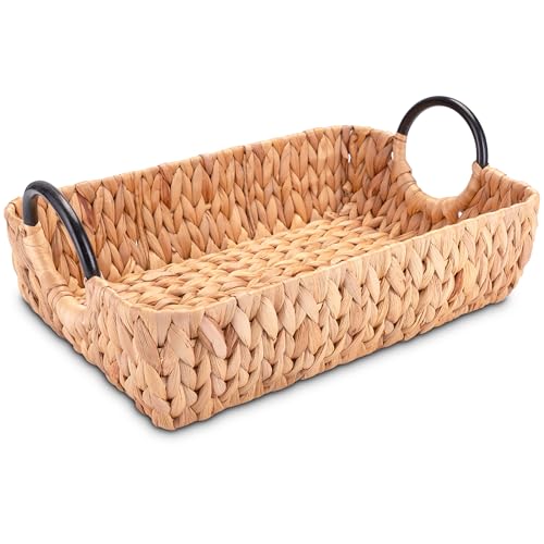 Decorasian Serviertablett geflochten aus Wasserhyazinthe – Deko Tablett rechteckig mit Griffen - Natur Holztablett als Frühstückstablett oder Hockertablett - 45 x 25 x 11cm