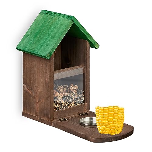 Relaxdays Eichhörnchen Futterhaus, Holz, Eichhörnchenfutterstation mit Maiskolbenhalter, Napf, Sitzplattform, braun/grün, 1 Stück