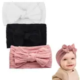 QZKJQDD 3 Stück Stirnband Baby Mädchen, Stirnband Kinder, Schleifen-Stirnband, Haarband Baby Mädchen, Elastisches Stirnband, Geeignet für Kleinkinder und Neugeborene (Rosa, Schwarz, Weiß)